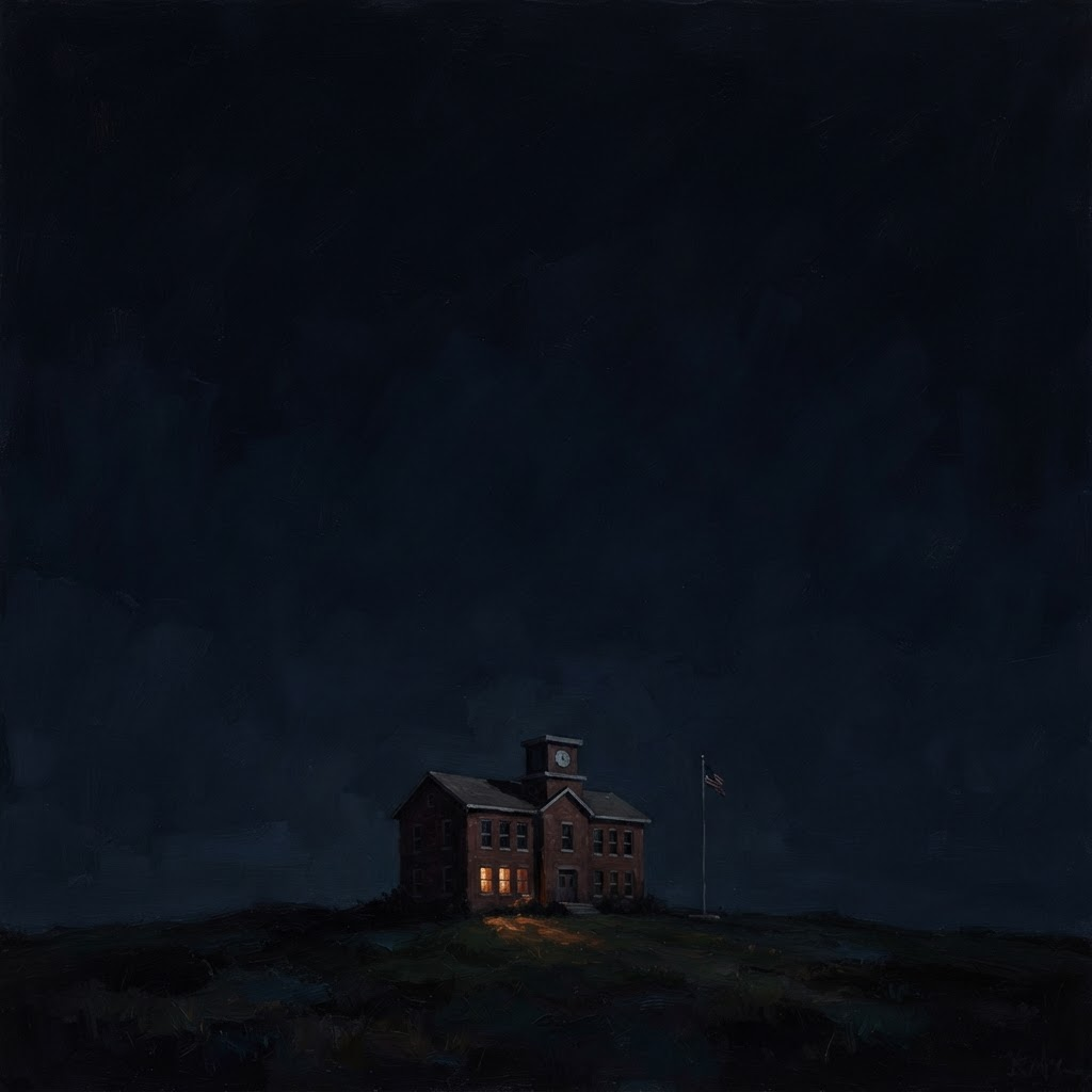 Minimal oil painting of a small brick schoolhouse with a clock tower alone on a dark hill at night, warm light glowing from its windows
