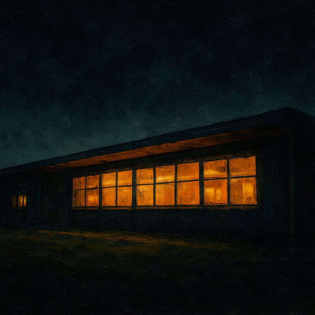 Oil painting of a modern school building at night with a long row of windows glowing warm orange against a deep navy sky